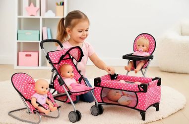 4-Piece Doll Play Set: Stroller, High Chair, Pack N Play, Infant Seat for 18".doll