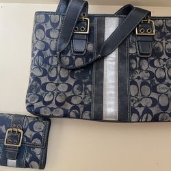 Coach Denim Blue Signature Handbag And Matching Wallet 