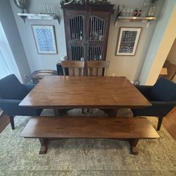 Beautiful World Market Solid Wood Dining Table Set with Bench and Armchairs