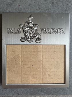Collectible Vintage  Disney "Pals Forever" picture frame is crafted from a brushed silver-tone metal and features a 3D embossed design of Mickey Mouse