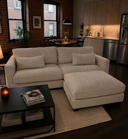 Off white corduroy love seat with ottoman