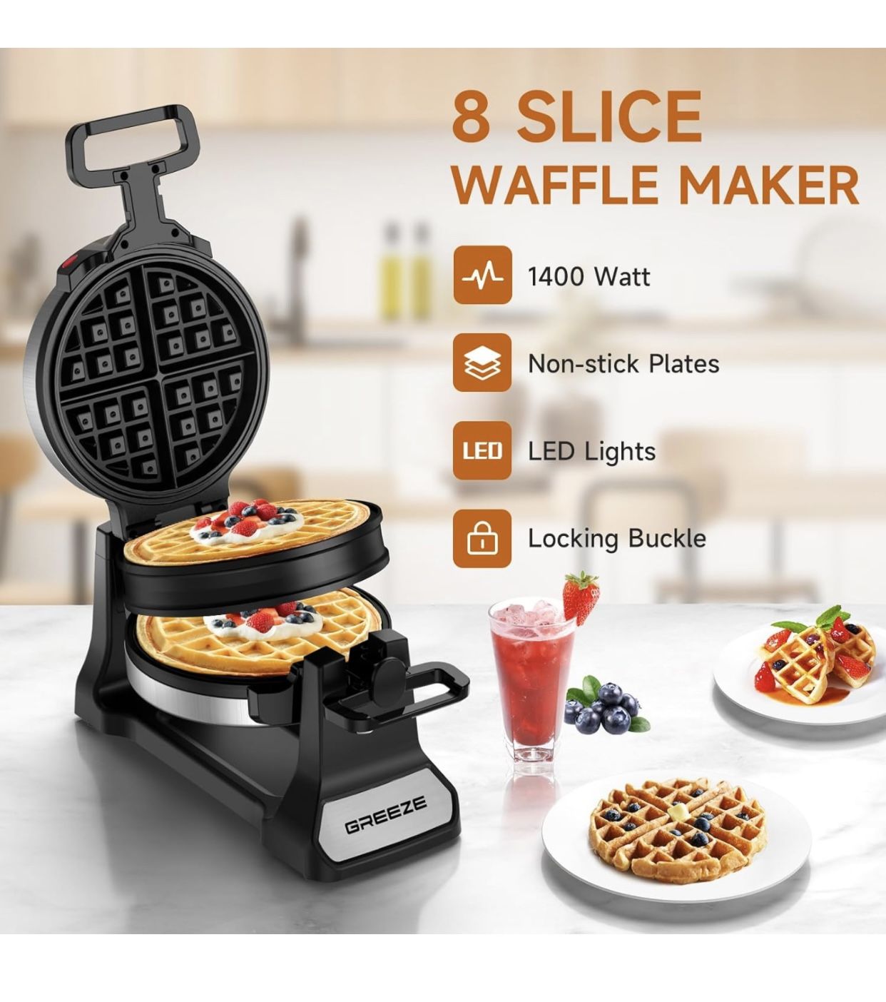 1400W Double (8 Slices) Belgian Waffle Maker with 180°Flip, Stainless ...