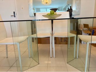 Modern Glass Dining Table with 6 White Leather Chairs