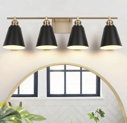 NEW 4 Light Bathroom Light Fixture Black and Gold 30" Modern Vanity Light New, Open Box 31.53" x 8.75", Backpane is 5.9" x 4.33" x 0.78"