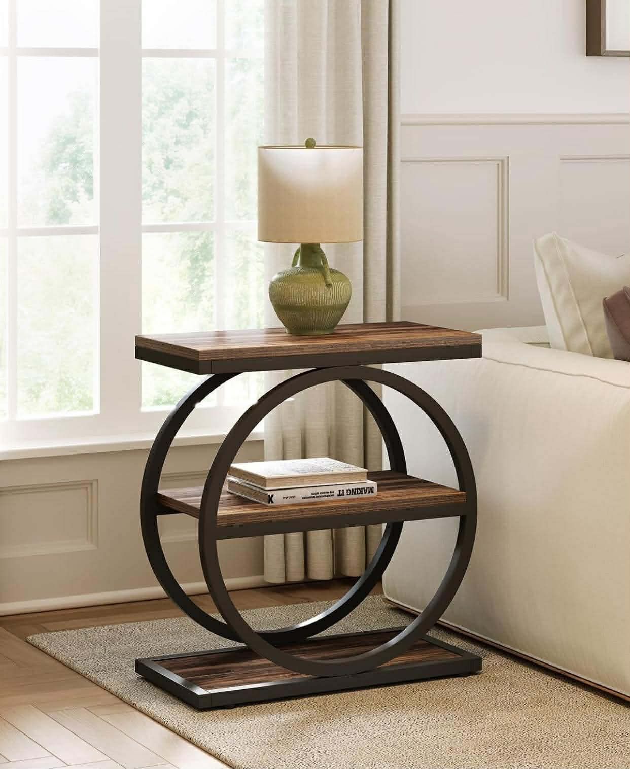 End Table, 3-Tier Side Table, Slim Sofa Side Table for Living Room, Tall Bedside Table Nightstand for Bedroom, Rustic Brown and Black