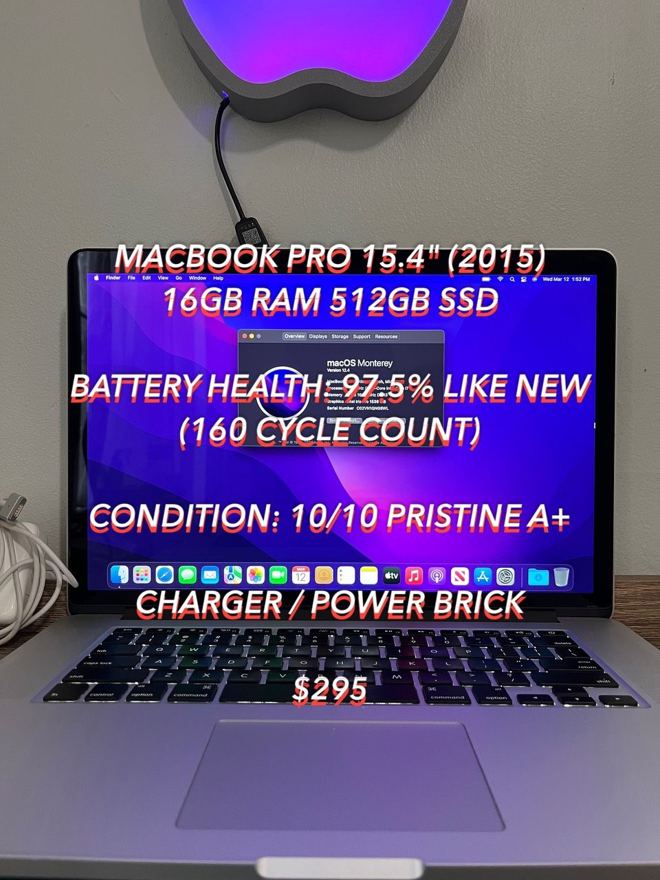 APPLE MACBOOK PRO I7 15.4” (2015) 16GB RAM 512GB SSD WITH CHARGER LIKE NEW CONDITION