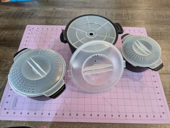Pampered Chef set of 3 Micro-Cookers 1, 2 & 3 Qt Rice Steamer w Locking Lids