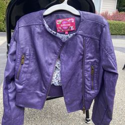Girls Purple Faux Leather Bomber Jacket And Skirt 
