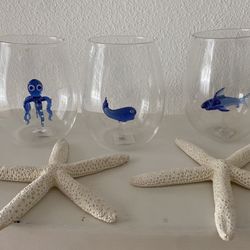 Ocean Hand Blown Glass  Wine Glasses $30ea