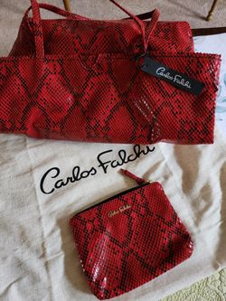 Vintage, Carlos Falchi Red Faux Snake Tote Bag , Clutch And Dust Bag
