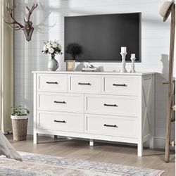 Farmhouse Dresser for Bedroom, 7 Drawers Dresser with Natural Texture, Wood Rustic Wide Chest for Bedroom, Hallway, Entryway, White