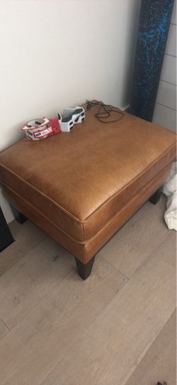 Brown Leather Ottoman with Wood Legs