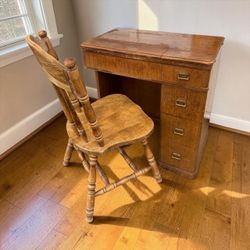 Vintage Sewing Machine Wood Desk with Chair