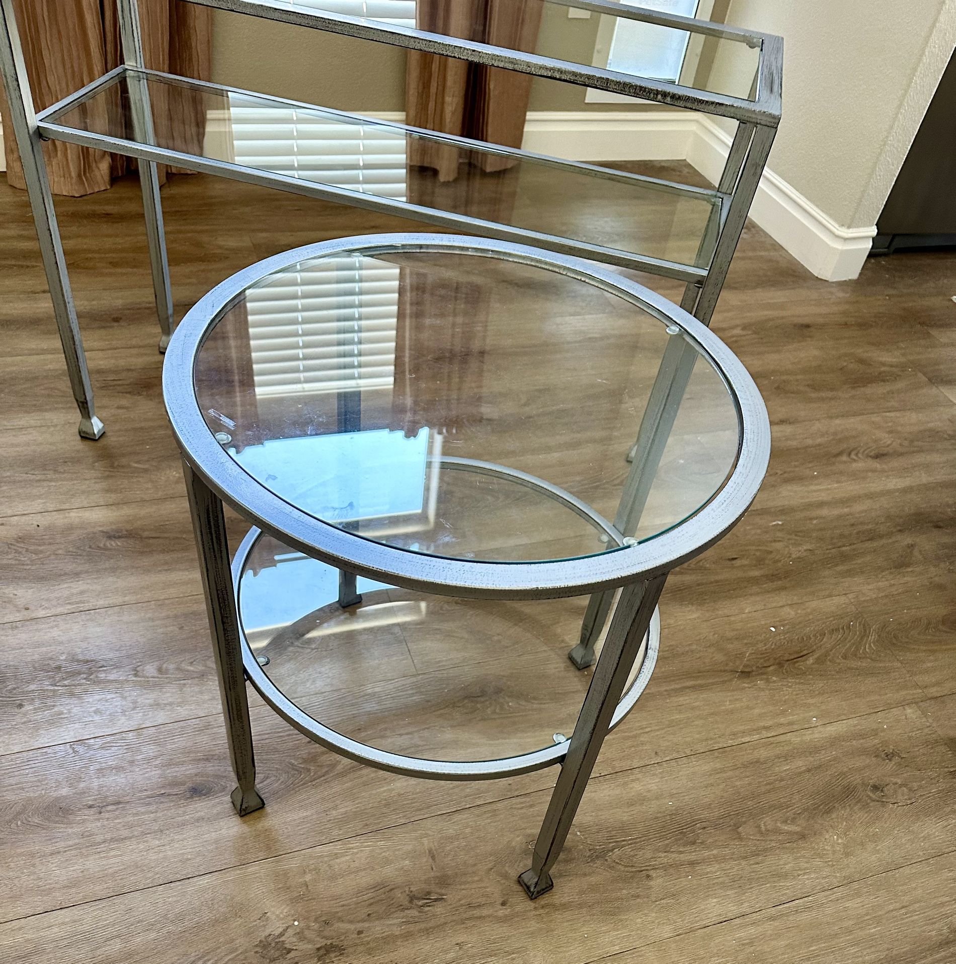 Matching Console And Round Side Table Two Tier Distressed Silver