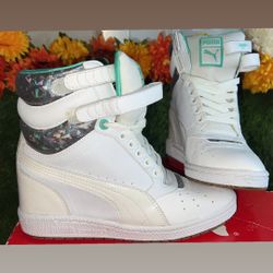NEW IN BOX RARE PAIR OF PUMA HI-TOP HOLOGRAPHIC WEDGE SNEAKERS 3” TALLER WHITE SKY WEDGE OP WOMENS 6.5 6 1/2 GIFT CHRISTMAS 