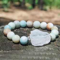 Natural stone 100% Matte Amazonite with raw quartz charm bracelet 10mm