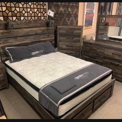 Queen Size Panel Bed With Storage, Dresser , Mirror , Two Nightstands Set☄️ Multicolor 7 Piece Bedroom Set💥 Brand New👍 
