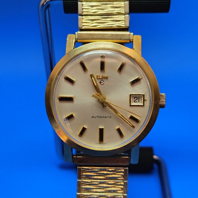 Vintage 1967 Elgin Date Mens 33mm Automatic Watch Swiss Made Gold Tone Tritium