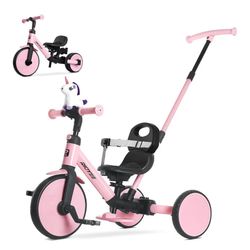 5-in-1 Toddler Tricycle for Ages 1.5–3, Parent Steering Push Trike, Tool-Free Convertible to Balance Bike, Safety Belt, Removable Backrest and Footres
