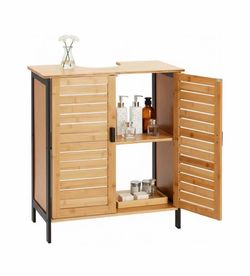 E) 24" Bamboo Under Sink Storage Cabinet, Freestanding Pedestal Sink Organizer with Sliding Slatted Doors and Shelf, Bathroom Vanity Cabinet with U-Sh