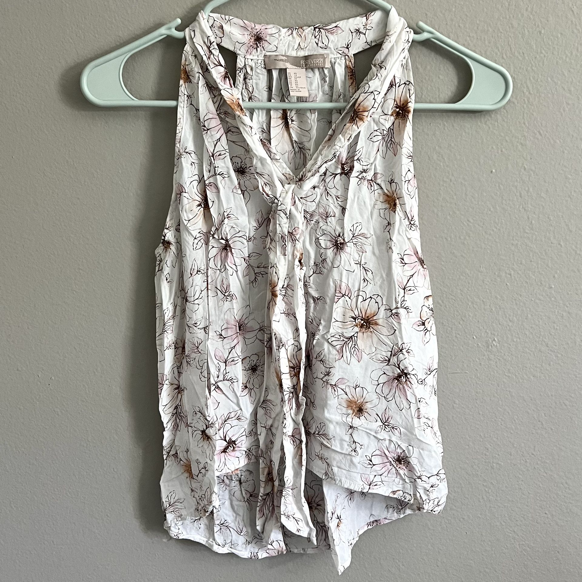 White Floral Print Scarf Tie Collar Sleeveless Top | Forever 21 - Women’s XS