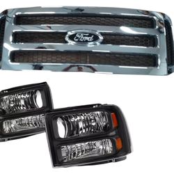 Chrome Grille and Black Housing Headlights For Ford F250 F350 Fits 2005 to 2007