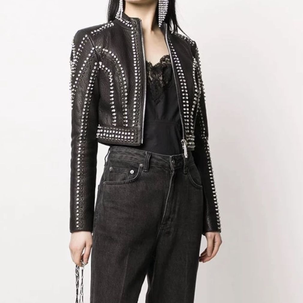 Genuine Leather Studded Crop Jacket Coat Blazer Cardigan Parka Slim Rhinestones