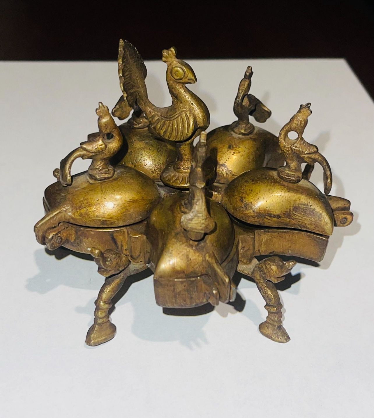 Vintage Indian Brass Spice Dish Covered Box Peacock Decoration