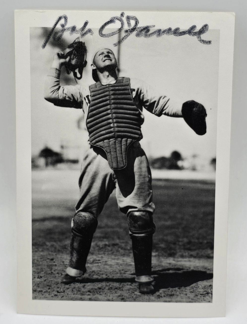 Bob O’Farrell Signed 3.5x5 Photo – Catcher Pose, Vintage Cardinals MVP Autograph