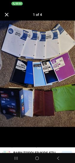 Office supplies: binders, paper filler, spiral notebooks