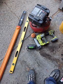 Mixed Power Tool Lot – Ryobi, Air Compressor, Level