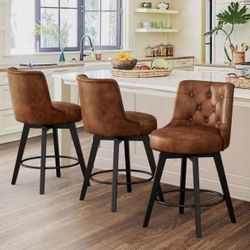 Rowland 26.5 in Seat Height Brown Faux Leather Counter Height Solid Wood Leg Swivel Bar stool（Set of 3）