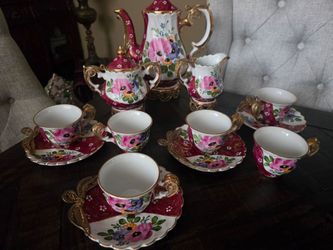 Porcelain Floral Tea Set with Gold Accents