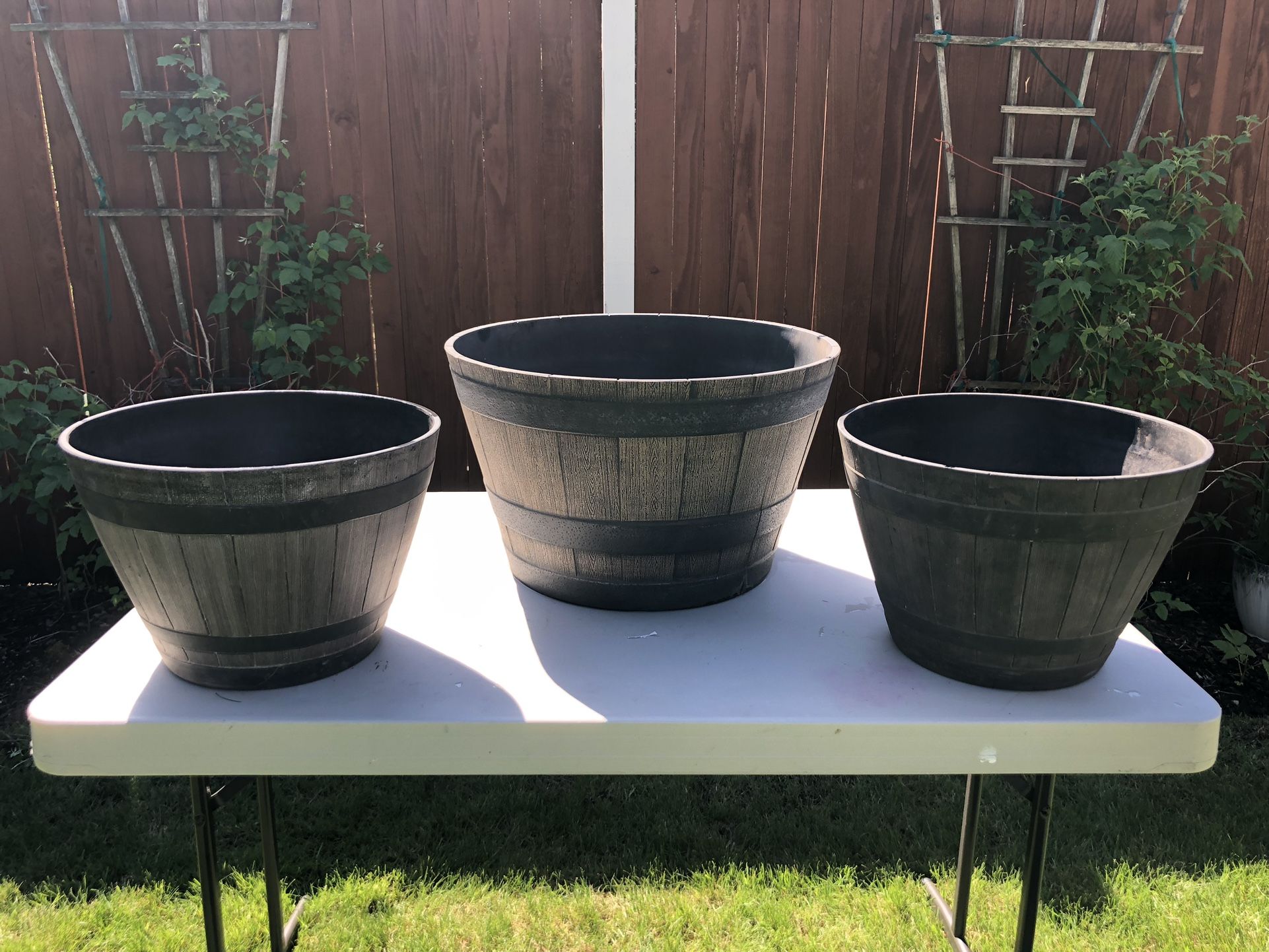 3 Coordinating Plastic Wood Barrel Design Planters for Sale in Lacey, WA OfferUp