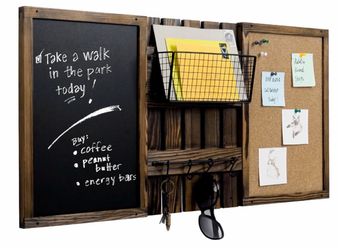 NEW - Rustic Wood Wall Organizer with Chalkboard and Cork Board