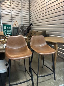 Set of 2 Faux Leather Bar Stools – Brown / Black Metal Frame – Modern Industrial – Must Go This Weekend