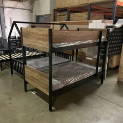 Twin bunk bed. Available in espresso, white, & grey. Bunk bed only-$220. With mattresses-$399. Assembly required. Assembly not included. Tax included.