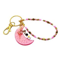 Pink Cloudy Gold Foil 3D Astronaut Moon Sturdy Clip Ring Beaded Keychain