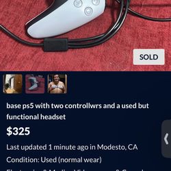 base ps5 with two controllwrs and a used but functional headset