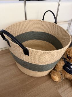 Large Cotton Rope Storage Basket with Leather Handles (Like New)