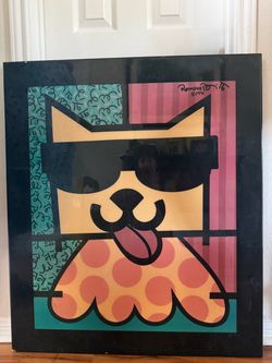 Vintage Romero Britto "Cat with Sunglasses" Hardboard Flush Mount Pop Art Print 1991