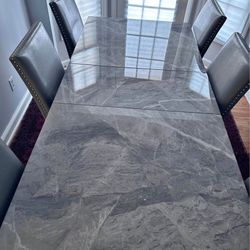 Modern Grey Marble Extendable Dining Table and Chairs