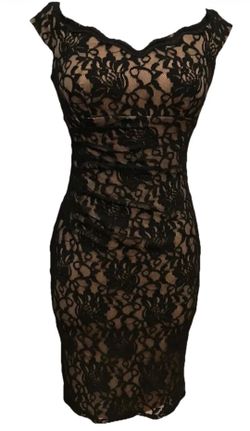 Xscape Off-the-Shoulder Black/Nude Lace Midi Ruched Evening Cocktail Dress SZ 2