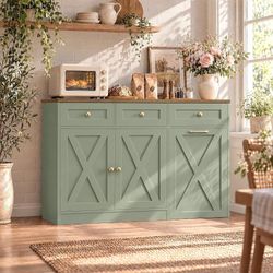 13 Gal. Kitchen Trash Can Cabinet, 47"W Garbage Can Cabinet, Green Farmhouse Pull Out Trash Can Storage, Kitchen Trash Cabinet with Hidden Garbage Sto
