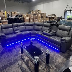 Grey Leather Power Recliner Sectional With Lights