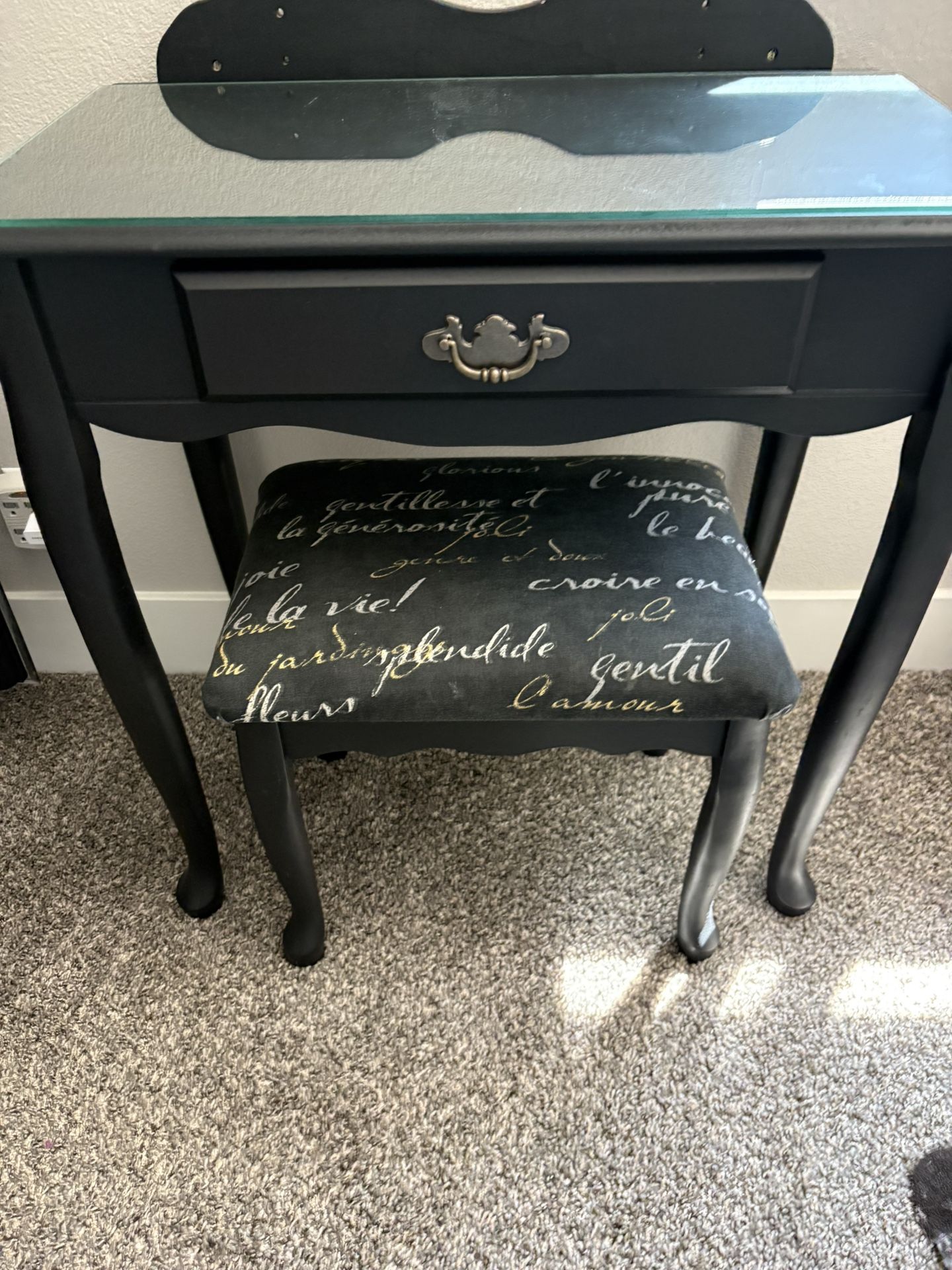 Black Wooden Desk/Vanity with Matching Stool – Good Condition