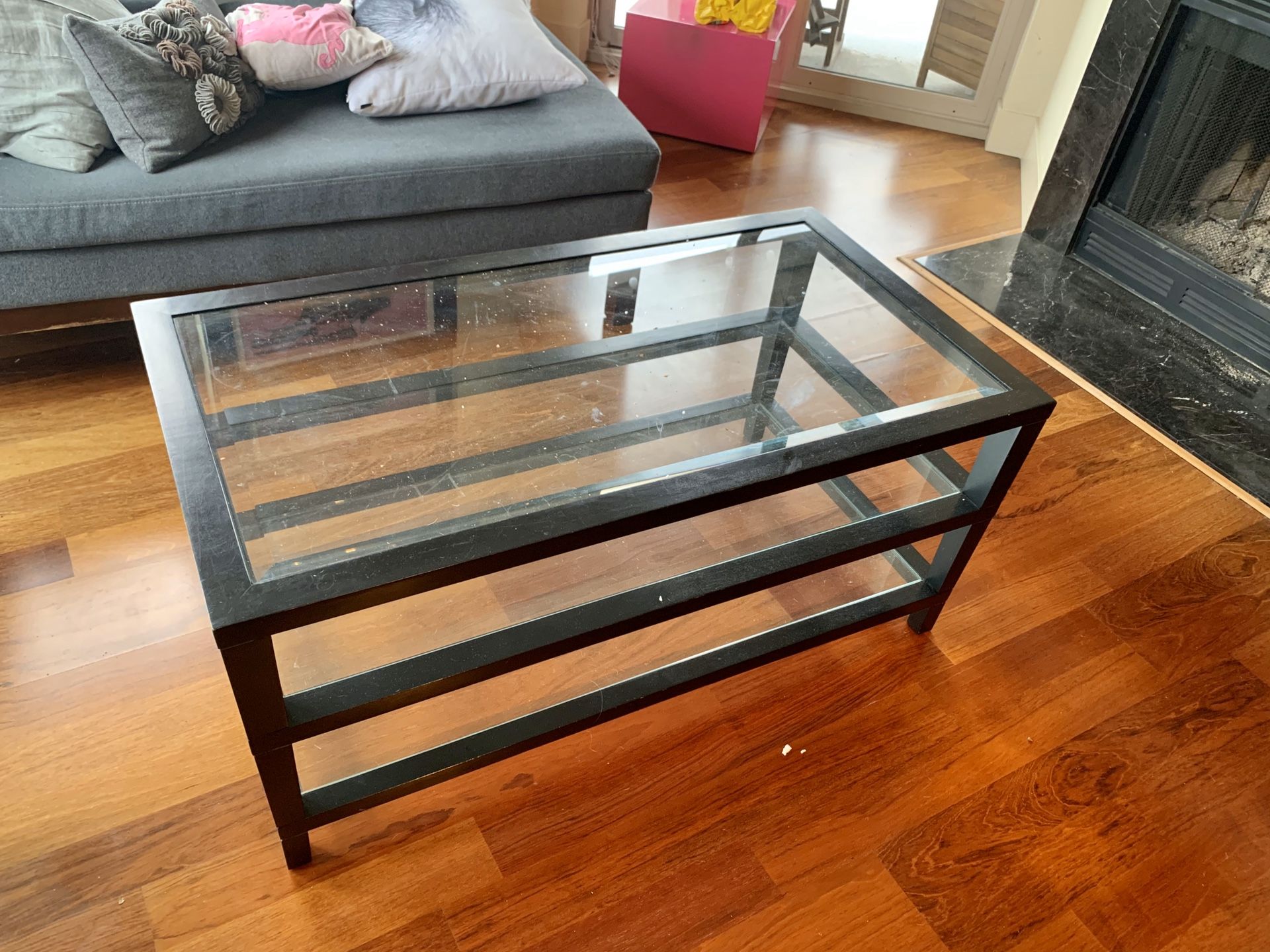 Crate and Barrel Coffee table (black wood and glass)