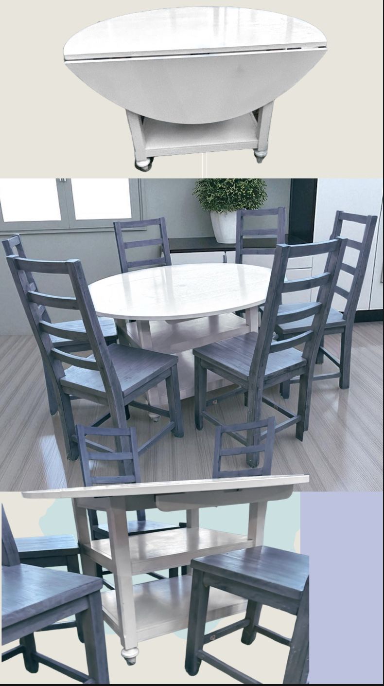 Wood White Dining Room Drop Down Table, 8 Wood Dining Chairs 