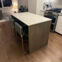 CB2 White Marble Island w/Storage & 2 Barstools 