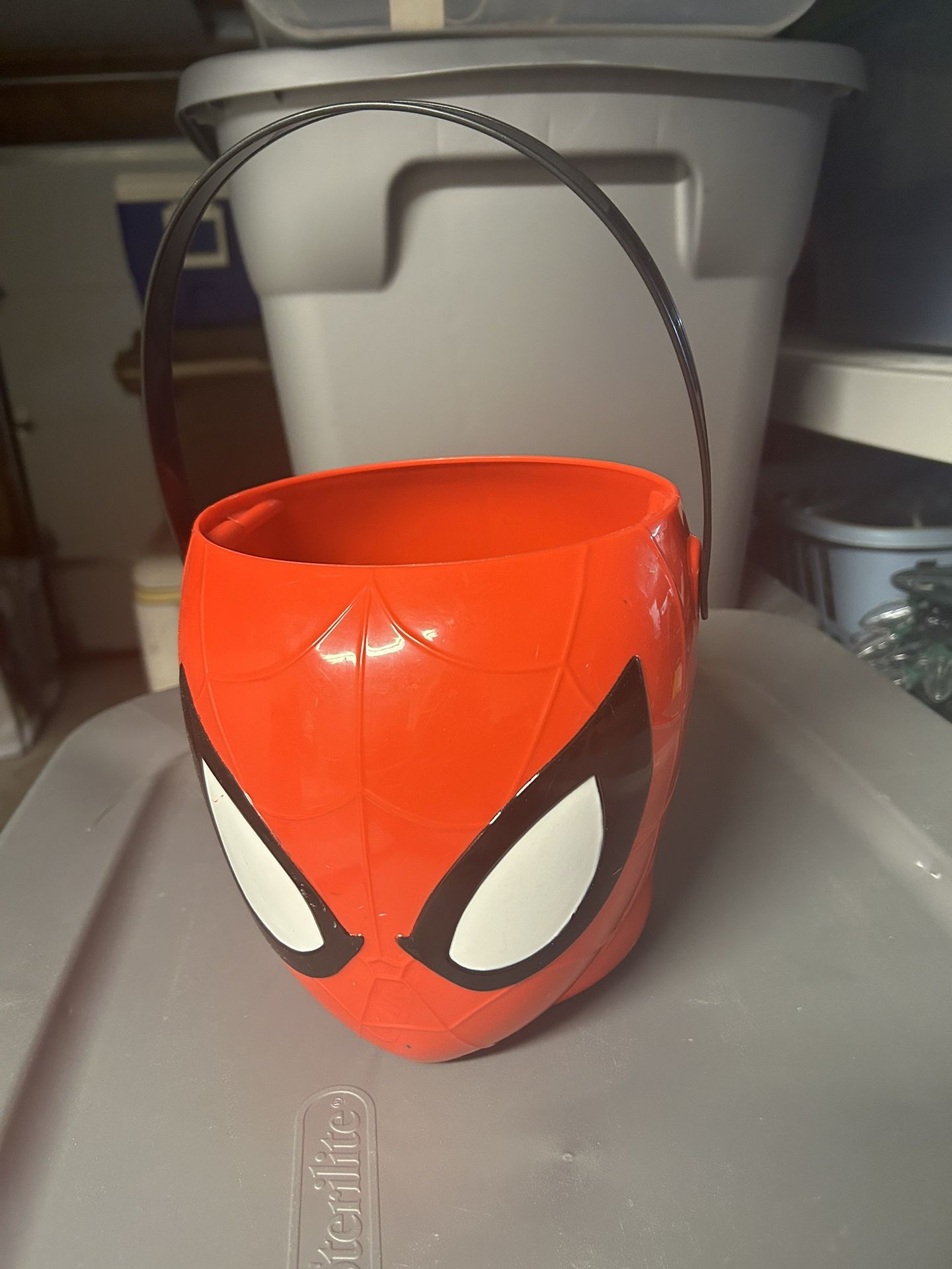 Red Plastic Spider-Man bucket with black handle